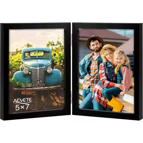 Double Hinged Wood Folding 5x7 Photo Frame with Plexiglass Front Black