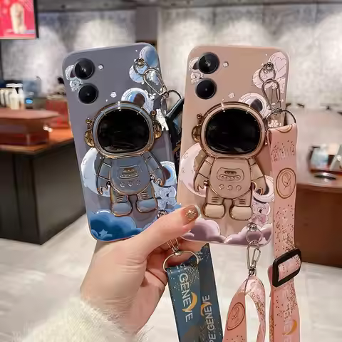Cartoon Astronaut Lanyard Silicone Holder Phone Case For Realme 10 10Pro 10T 9Pro 9 9i 8i 8 8Pro 10P