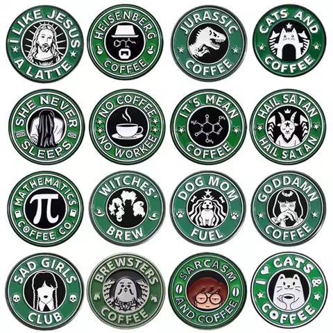 Green Coffee Series Enamel Pins Sad Girls Club Jurassic Coffee Cat Movies Metal Brooches Lapel Badge
