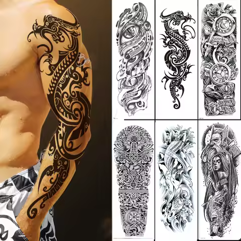 Tattoo Sticker for Men Women Tribal Totem Full Arm Tattoo Fake Temporary Tattoos Sleeve Wolf Skull T