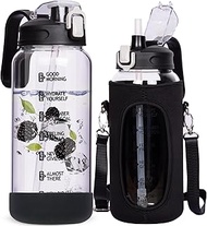 2 Litre Glass Water Bottle with Straw & Time Markings 2l Large Leakproof Motivational Glass Drinking