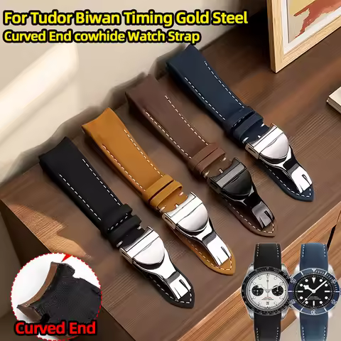 20mm 22mm For Tudor Biwan Timing Gold Steel M79363 M79360 Tudor Curved End cowhide Watch Strap Black