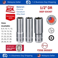 [TAIWAN] AOK 1/2 Inch DR Deep 6PT Socket Box 8-32MM; Drive; Heavy Duty; Soket Panjang; King; Segi En