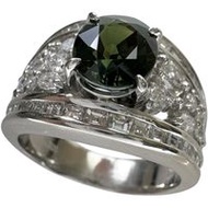 Size 14, 2.49ct green sapphire (undiffused), 1.35ct diamond, Pt900 platinum, 14.7g, women's ring