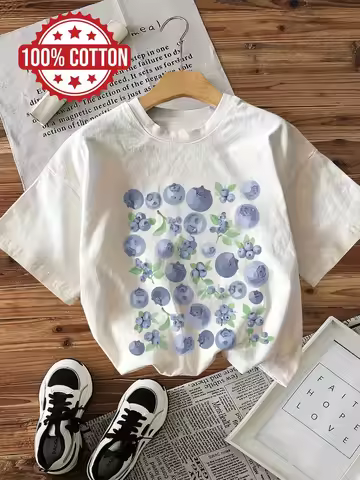 Vintage Many Blueberry Graphic Print T-shirt Short Sleeve Crew Neck Casual Top for Summer & Spring W