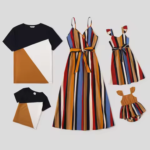 PatPat Family Matching Multicolor Striped V Neck Spaghetti Strap Belted Dresses and Colorblock Short