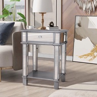 กระจกโต๊ะกลางโซฟา โต๊ะข้าง  โต๊ะข้างเตียง โต๊ะข้าง ทรง สูง Mirrored Bedside Nightstand Side Table Silver Glass End Tables 45x38x64cm Mirrored Side Table with Drawer and Open Shelf for Home Office