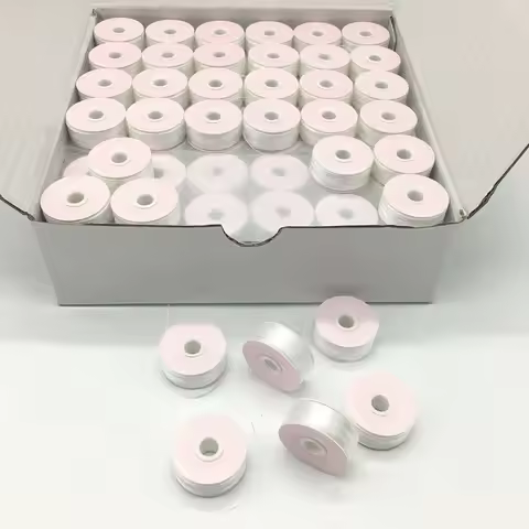 100% Polyester Jumbo Size Prewound Bobbins Size M White/ Black 75D/2 Paper side 144pcs/box Bobbin Th