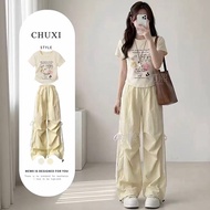 Two-Piece Suit Short-Sleeved T-Shirt Top Trousers Wide-Leg Pants Preppy Style S-XL New Style Overall