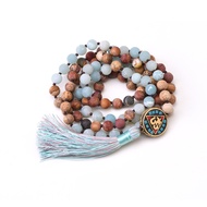 Stock in SG- Hand amazonite, picture jasper & red turquoise, nepal pendant mala meditation necklace 