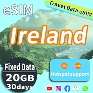 Ireland eSIM: Unlimited Data for 5 Countries -  20GB/ 50GB for 30/180 Days. Countries Covered:I uk，l