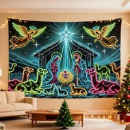 UV Activated Christmas Nativity Tapestry 6x7.5ft Christmas Garage Door Cover Banner for Home Living 