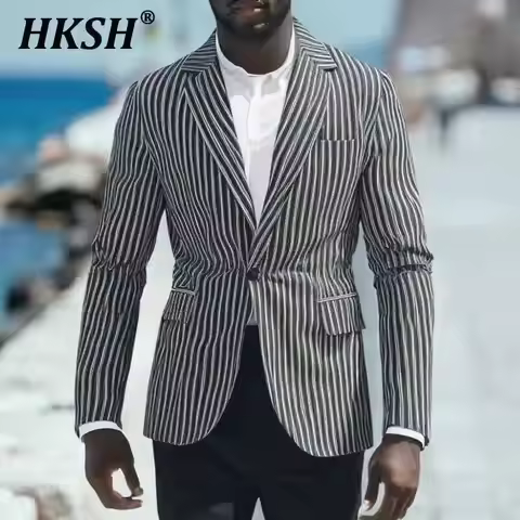 HKSH 2025 Spring New Casual Men's Tide Striped One Button Blazer Hairstylist Nightclub Streetwear Fa