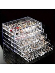 1入組亞克力珠寶收納盒,透明塑料珠寶展示架,耳環戒指收納盤,5個抽屜和120格收納盤適用於diy手工藝品、鑽石畫收納盒