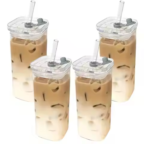 4PCS Square Glass Cups With Lids, 13oz, Perfect Coffee Cups, Includes Straws, Gift For Cup Collector