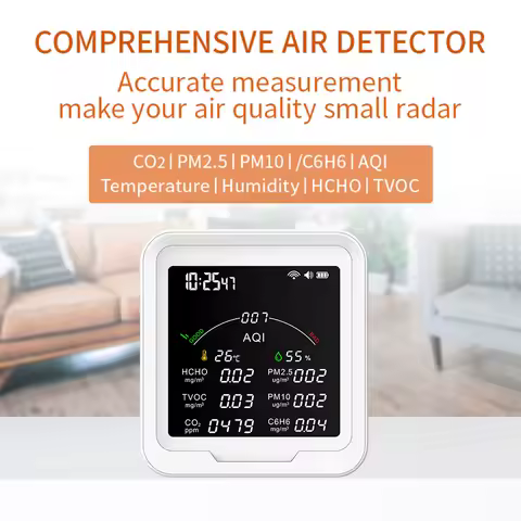 TUYA WIFI Multi-Function Air Quality Monitor Thermohygrometer Clock Alarm and Gas Detector of PM2.5/