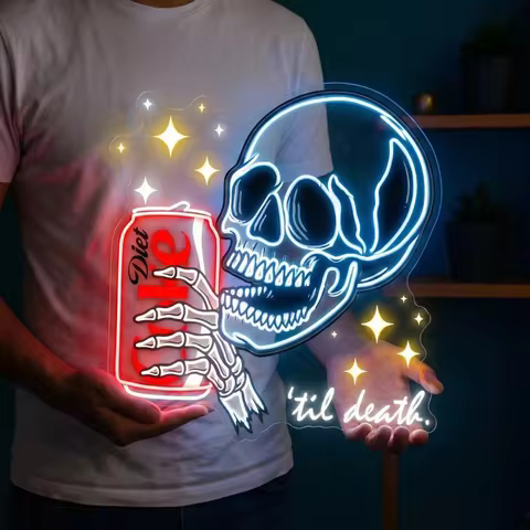 Skull Neon Sign, 'Til Death' Diet Coke Can LED Neon Decor, Bar & Man Cave Decor, Unique Soda Lover G