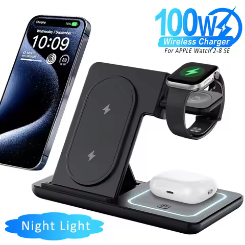 100W Foldable 3 in 1 Night Light Wireless Charger Stand For iPhone Apple Watch 2-8 SE Airpods Pro Fa