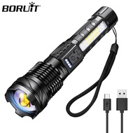 BORUiT LED Powerful Zoomable Flashlight Type-C Rechargeable Torch Waterproof Camping Hunting Lantern