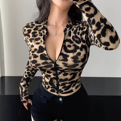Women's Leopard Print Workout Cropped Jacket Y2k Zip Up Cheetah Animal Lightweight Fitted Athletic J