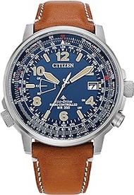 Men's Eco-Drive Promaster Air Skyhawk Atomic Time Keeping Watch in Super Titanium with Brown Leather Strap, Blue Dial (Model: CB0241-00L), Silver-Tone