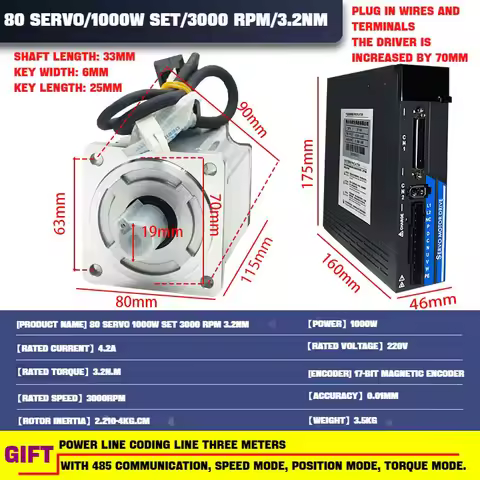 AC Servo Motor Drive Kit 3000rmp 80ST 1000W 5.8A 3.18N.m PS100 Servo Drive AC200-240V 3m Cable Equip