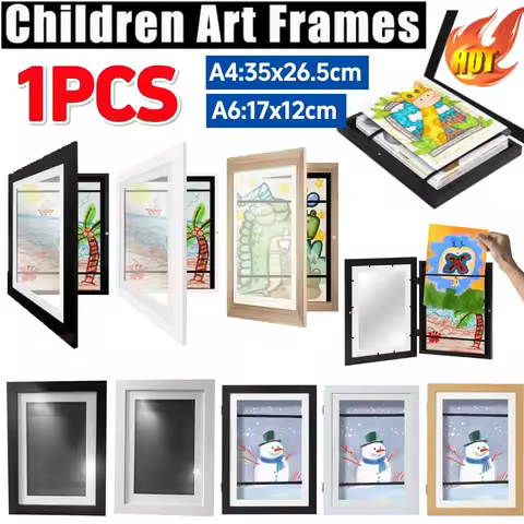 1pcs Children Art Frames A6 Kids Artwork Wooden Replaceable Photo Display Magnetic Front Open for Wa
