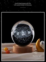 創意3d雕刻水晶球,上面有太陽系的土星,夜光燈,照亮學習室/臥室用的玻璃球(6cm球體+5cm底座)