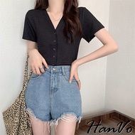 [HanVo] V-Neck Buttoned Texture Top Short-Sleeved Top V-Neck Top Women's Top Korean Women's Clothing