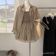 Spring Summer New Style🎀Thin Style Sunscreen Shirt Top+Slimmer Look Camisole+Loose All-Match Shorts 