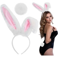 Dokeawo Bunny Ears Headband and Tail for Women Adult Bunny Costume, Bendable Rabbit Ears for Hallowe