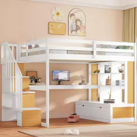 Full Loft Bed with Stairs & Desk,Wood Loft Bed Full with Storage Shelves & 2 Drawers,Full Loft Bed F