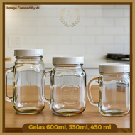 (PROMO BELI 6 GELAS 600ML FREE 1 GELAS 450 ML) Gelas Mug Jar Tutup Putih Ekslusif ukuran 450ml 550 m
