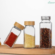 ELLSWORTH Spice Bottle, Glass Square Spice Jars, Airtight Perforated Transparent with Bamboo wood lid Seasoning Bottle Cabinet