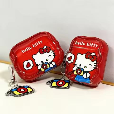 Cute Red Photo Hello Kitty Earphone Case for AirPods 2 3 4 Pro 2 Pro 3 Shockproof with Pendant