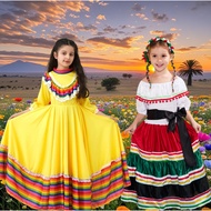 【Uhome】Mexico Costume For Kids Girl Traditional Folk Mexican Dress For Kids Girl Caribbean Carnival 