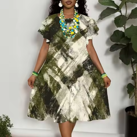 Women's Plus Size Short Sleeve A-Line Dress with Abstract Olive Green Print, Casual Summer Midi Dres