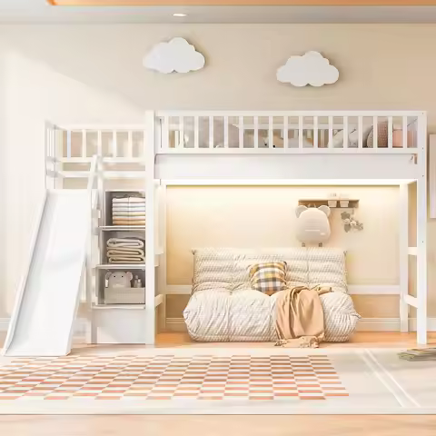 Twin Size Loft Bed with Slide & Stairs, Kids Solid Wood Loft Bed with LED Lights, High Loft Bed Fram