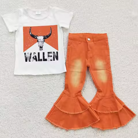 Wholesale Baby Girl Western Jeans Set Children Toddler Short Sleeves Cow Shirt Orange Denim Bell Pan