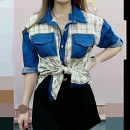 Kemeja wanita import H&J New! bahan katun kombinasi jeans premium