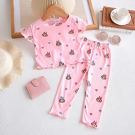 1Y-7Y Kids Pyjamas Labubu Two piece Baku Tidur Budak Perempuan Set Girls Premium Ice silk cotton