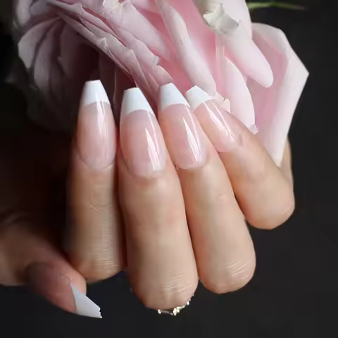 Gel Exquisite French Ballet Baby nude Acrylic nails Salon Baby pink Coffin short Fake nails UV gloss