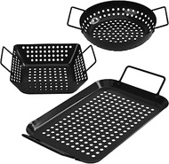 AQUEENLY 3 Pack Grill Baskets for Outdoor Grill BBQ Grill Topper with Holes, Nonstick Grill Pans for Outdoor Grill BBQ Grill Tray Grilling Basket, Grill Accessories for Vegetable, Meat, Fish, Shrimp