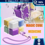 Magic Cube Pill Box Sealed Pill Storage Box Portable Medicine Box with 8 Grids and Carrying Lanyard
