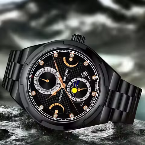 BOYZHE Brand New Fashion Moon Phase 24 Hour Mechanical Watch for Men Stainless Steel Waterproof Luxu