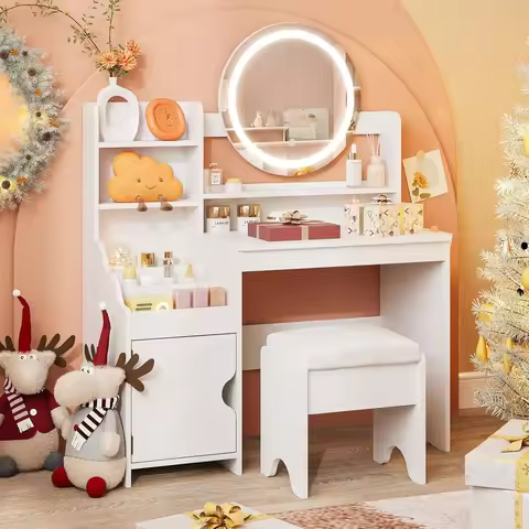 Kids Vanity with Lights, Princess Makeup Vanity Desk with Open Bookshelf, Storage Cabinet & Shelves,