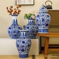Jingdezhen Blue and White Porcelain Interlock Branch Lotus Ceramic Floor Stand Vase Villa Chinese Ceramic Vase High-End