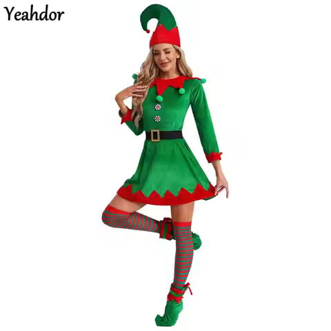 Women Christmas Elf Costumes Flannel/Velvet Dress with Belt Hat Stockings Shoes Halloween Cosplay Gr