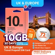 UK & Europe (72 Countries) Three 10GB/(6GB Data outside UK) Calls & SMS Travel Prepaid Sim Card