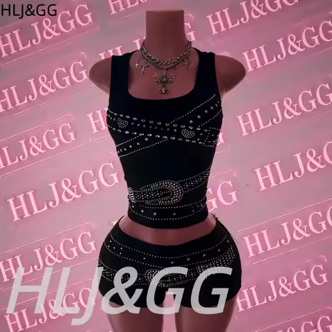 HLJ&GG Black Fashion Trend Rhinestone Letter Two Piece Sets Women O Neck Sleeveless Slim Tank Tops A
